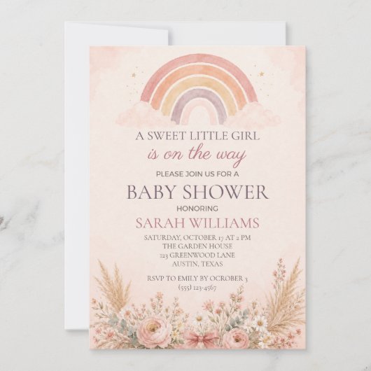 Boho-Regenbogen-Baby-Mädchen-Party Einladung (Vorderseite)