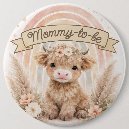 Boho Regenbogen-Baby-Party mit Blumen für werdende Button (Vorderseite)