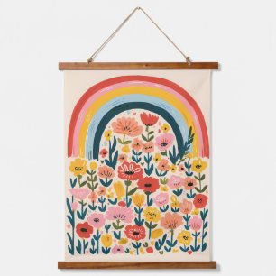 Boho-Regenbogen-Blumen-Skandinavische-süße-Illustr Wandteppich Mit Holzrahmen