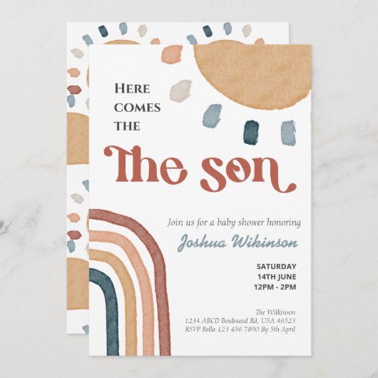 Boho Regenbogen hier kommt die Son Babydusche Einladung (Vorne/Hinten)