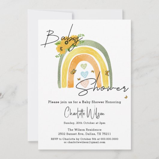 Boho Regenbogen mit Sonnenblumen Babydusche Einladung (Vorderseite)