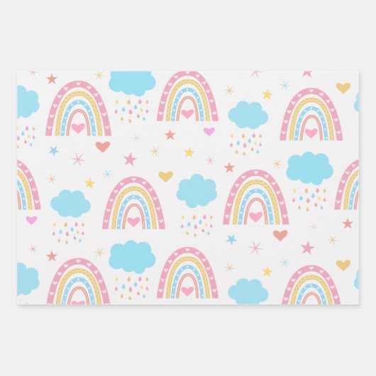 Boho Regenbogen Muster mit Wolken pastellfarben Geschenkpapier Set (Vorderseite 3)