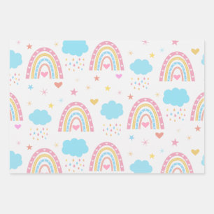 Boho Regenbogen Muster mit Wolken pastellfarben Geschenkpapier Set