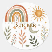 Boho-Regenbogen-Sonne-Mond-Botanik-Aufkleberbogen Runder Aufkleber (Vorderseite)