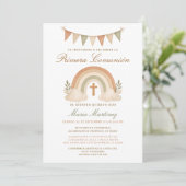 Boho-Regenbogen spanischer Junge Primera-Comunión- Einladung (Stehend Vorderseite)