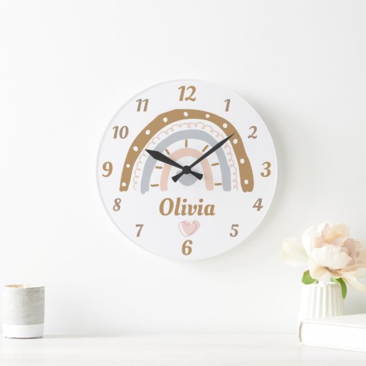 Boho Regenbogen whimsischer personalisierter Name Große Wanduhr (Zuhause)