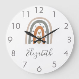 Boho Regenbogenbraun, beige, graues, weißes Kinder Große Wanduhr