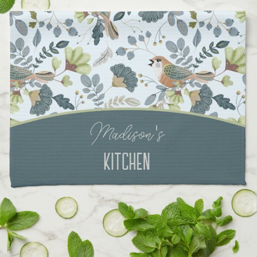 Boho Retro-Blume und Vogelschutzmuster Geschirrtuch (Gefaltet)