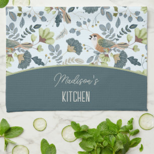 Boho Retro Blumen- und Vögelmuster Name Geschirrtuch