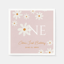 Boho Retro Blush Pink Daisy Erster Geburtstag Serviette