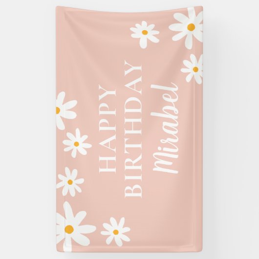Boho Retro Blush Pink Daisy Floral Happy Birthday Banner (Vertikal)