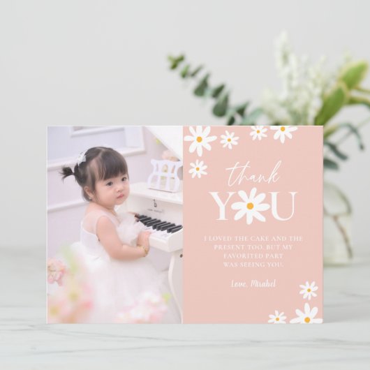 Boho Retro Blush Pink Daisy Girl Birthday Foto Dankeskarte (Stehend Vorderseite)