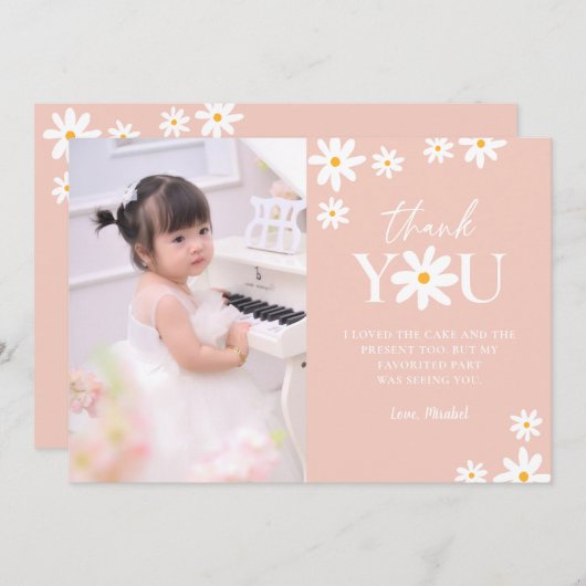 Boho Retro Blush Pink Daisy Girl Birthday Foto Dankeskarte (Vorne/Hinten)