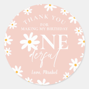 Boho Retro Blush Pink Daisy Wild 1. Geburtstag Runder Aufkleber