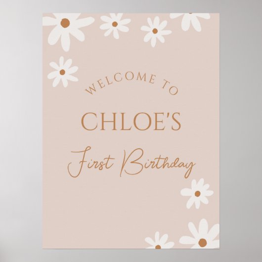 Boho Retro Brown Daisy Birthday Welcome Poster (Vorne)