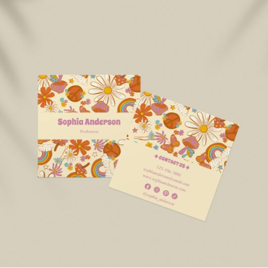 Boho Retro Business Card mit Pastell 70er Floral Quadratische Visitenkarte