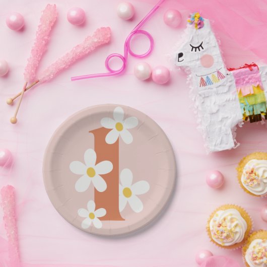 Boho Retro Daisy 1. Groovy Birthday Pappteller (Party)