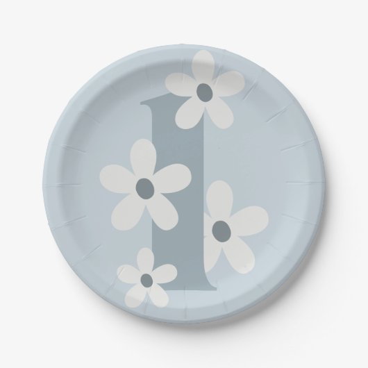 Boho Retro Daisy 1st Blue Groovy Birthday Pappteller (Vorderseite)