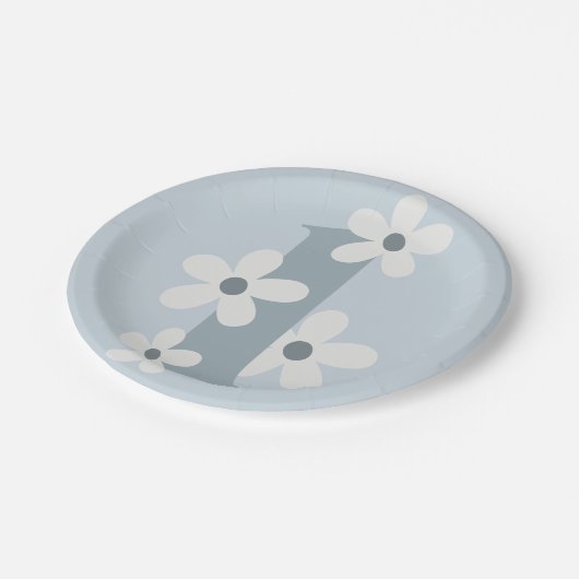 Boho Retro Daisy 1st Blue Groovy Birthday Pappteller (Schrägansicht)