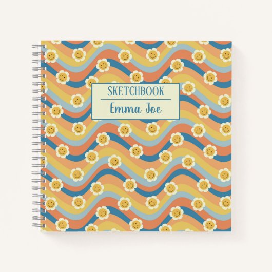 Boho Retro Daisy Blume Personalisiert Sketchbook Notizblock (Vorderseite)