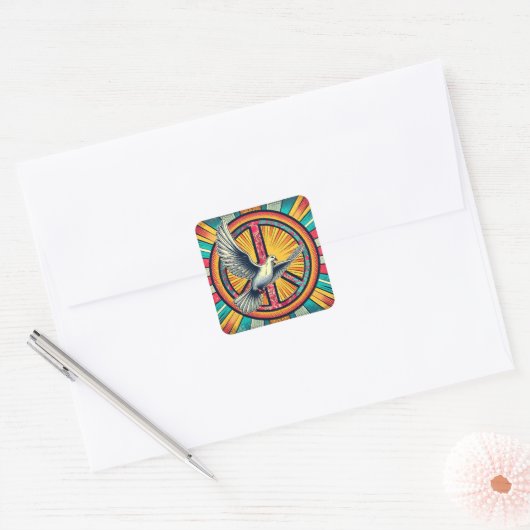 Boho Retro Dove und Peace Sign Quadratischer Aufkleber (Umschlag)