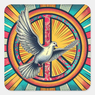 Boho Retro Dove und Peace Sign Quadratischer Aufkleber