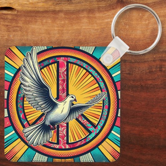 Boho Retro Dove und Peace Sign Schlüsselanhänger (Rückseite)