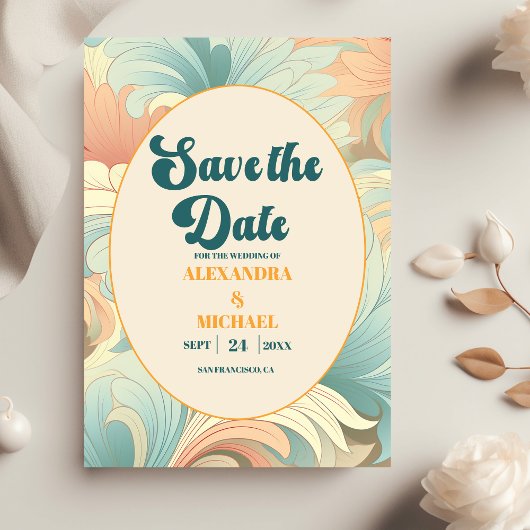 Boho Retro farbenfrohe blumenreiche Hochzeit Save The Date