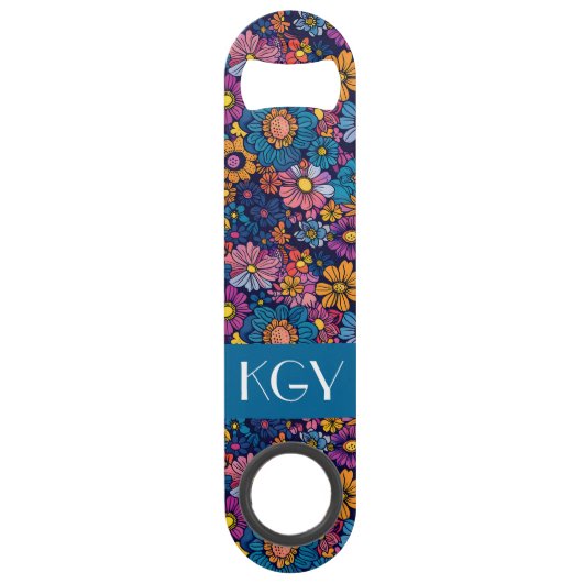 Boho Retro Floral Blume 70er Monogramm Speed Flaschenöffner (Rückseite)