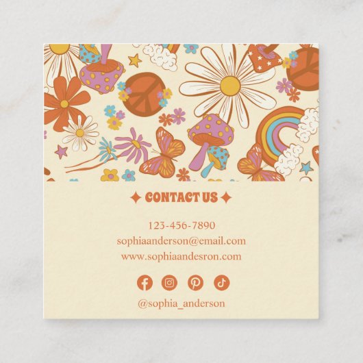 Boho Retro Floral Business Card mit Funky 70er Vib Quadratische Visitenkarte (Rückseite)