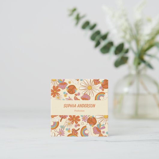 Boho Retro Floral Business Card mit Funky 70er Vib Quadratische Visitenkarte (Stehend Vorderseite)