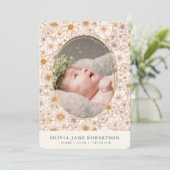 Boho Retro Floral Girl Foto Geburtserklärung Einladung (Stehend Vorderseite)