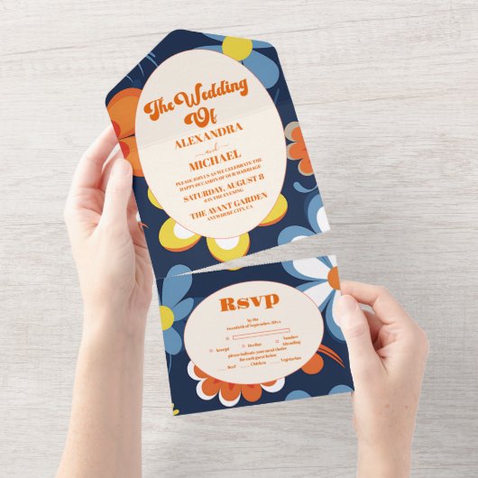 Boho Retro Floral Wedding All In One Einladung (Abreißen)