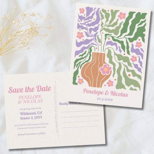 Boho Retro Floral Wedding Save the Date Postcard Postkarte
