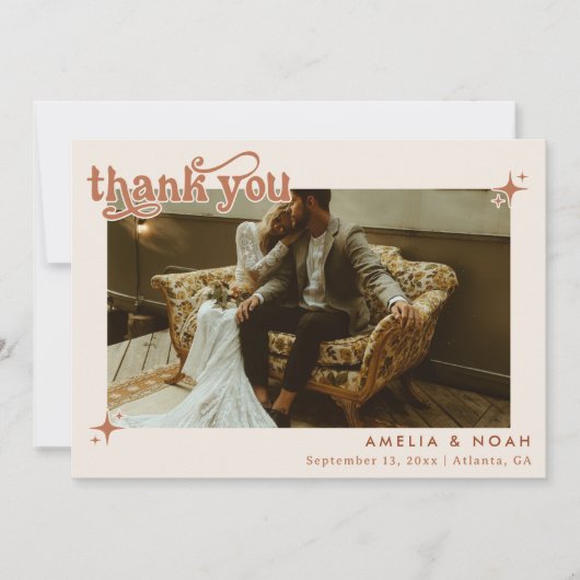 Boho Retro Foto Wedding Danke Karte (Vorderseite)