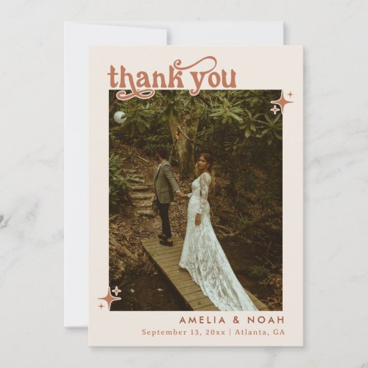 Boho Retro Foto Wedding Danke Karte (Vorderseite)