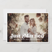 Boho Retro Just Married Foto Announccard Ankündigung (Vorderseite)