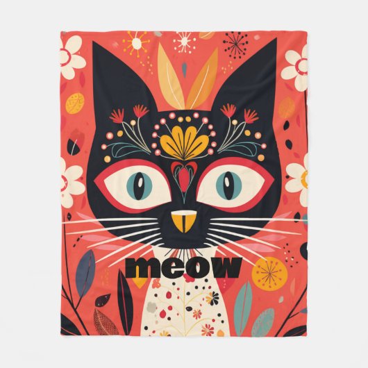 Boho Retro Mitte Jahrhundert Blumenkatze Fleecedecke (Vorderseite)