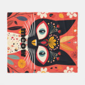Boho Retro Mitte Jahrhundert Blumenkatze Fleecedecke (Vorderseite (Horizontal))