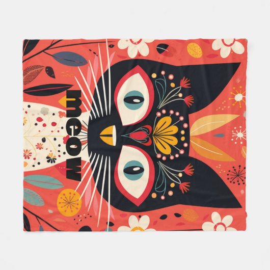 Boho Retro Mitte Jahrhundert Blumenkatze Fleecedecke (Vorderseite (Horizontal))