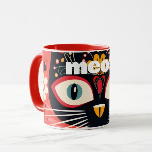 Boho Retro Mitte Jahrhundert Blumenkatze Tasse (Vorderseite Links)