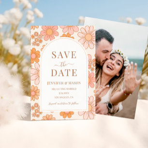 Boho Retro Orange Daisy Floral Save the Date Foto Einladung