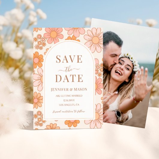 Boho Retro Orange Daisy Floral Save the Date Foto Einladung