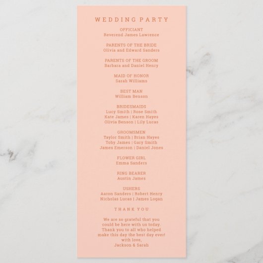 Boho Retro Orange Wedding Programm (Rückseite)