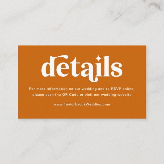 Boho Retro Orange Wedding Website Details Qr Code Begleitkarte (Vorderseite)