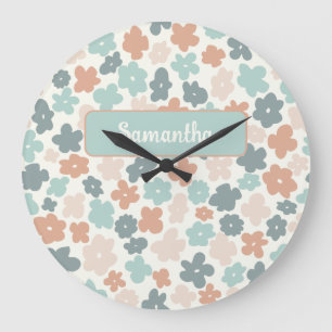 Boho-Retro-Pastell-Blumenmuster Große Wanduhr