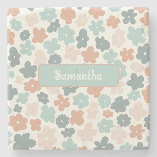 Boho-Retro-Pastell-Blumenmuster Steinuntersetzer (Vorderseite)