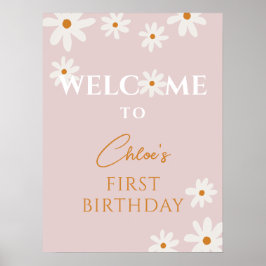 Boho Retro Pink Daisy Floral Girl Geburtstag Willk Poster