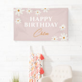 Boho Retro Pink Daisy Floral Happy Birthday Banner (Insitu)