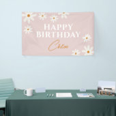 Boho Retro Pink Daisy Floral Happy Birthday Banner (Messeveranstaltung)